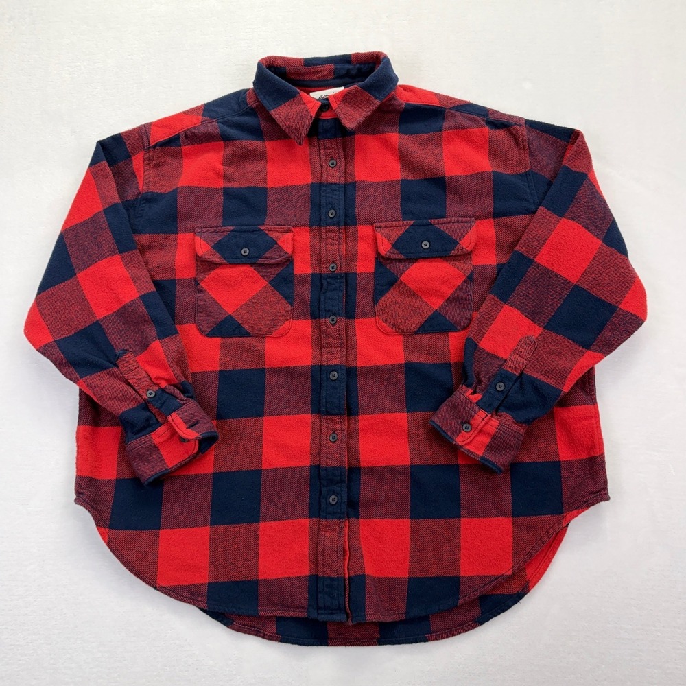 Aerie Womens Red Navy Blue Buffalo Plaid Flannel Button Down Shirt Small S
